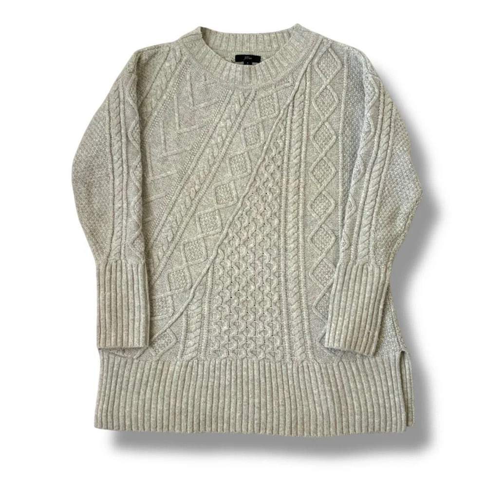 J. CREW Cable Knit Tunic Sweater Wool Blend Patchwork Preppy Beige Gray Small